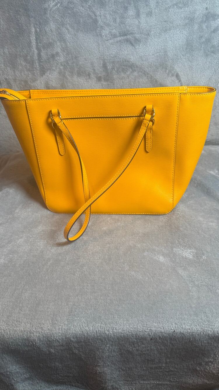Lauren Ralph Lauren Yellow Textured Tote Shoulder Bag Stirrup Charm Dust Bag